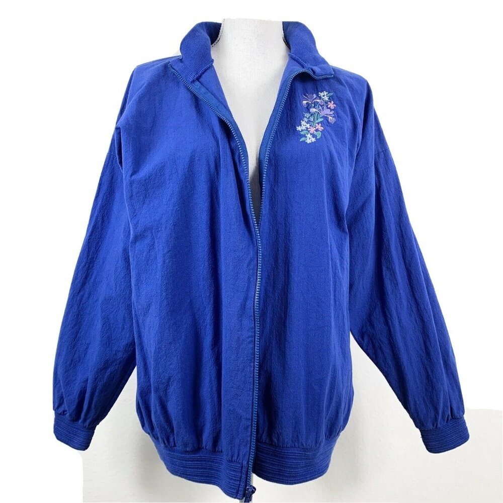 Vintage Size Medium Coat Bomber Jacket Embroidered Floral Boundary Line Blue